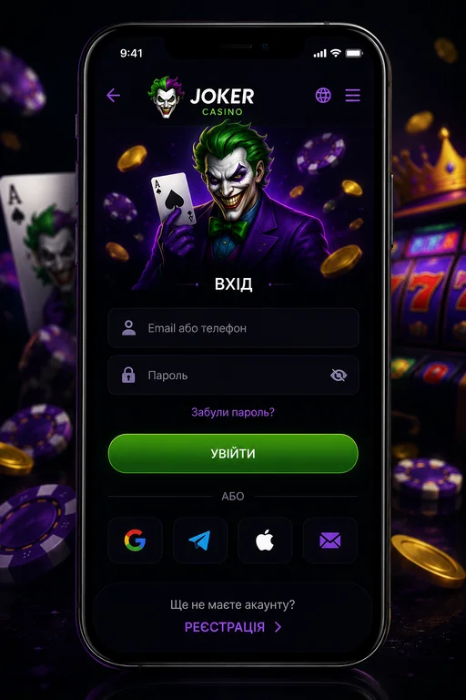 Екран входу Joker Casino на смартфоні: поля логіна й пароля та кнопки входу через сервіси