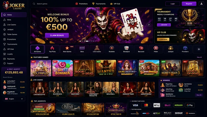 Головна сторінка Joker Casino: банер, панель категорій, сітка ігор і бічне меню розділів