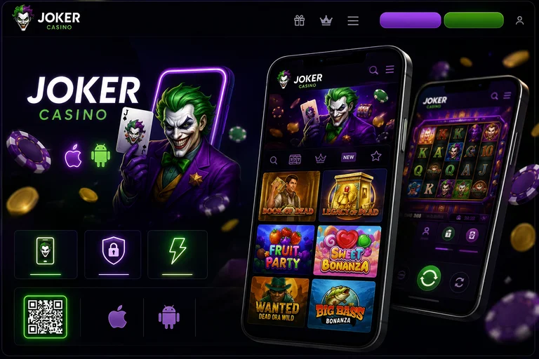 Мобільна версія Joker Casino на двох смартфонах: головний екран із плитками ігор і запущений слот