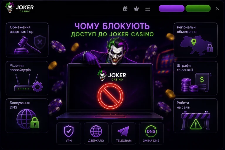 Причини недоступності сайту Joker Casino: обмеження доступу, рішення провайдерів, блокування DNS і роботи на сайті
