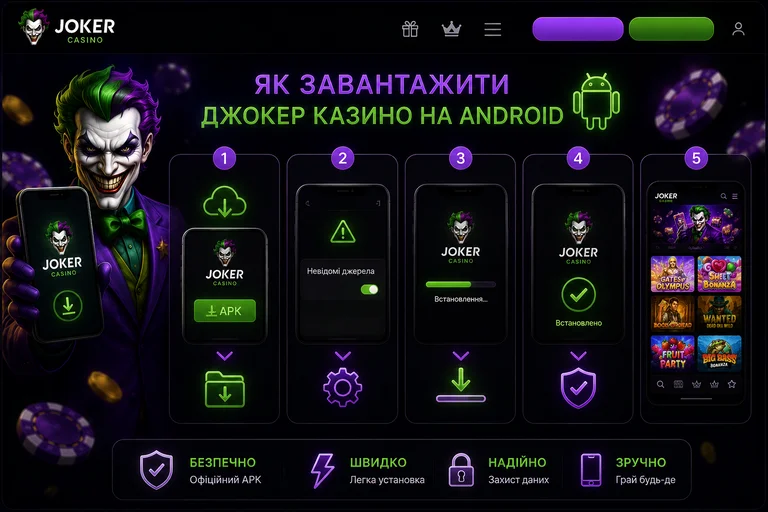 П'ять кроків встановлення застосунку Joker Casino на Android: завантаження файлу, дозвіл, інсталяція та запуск