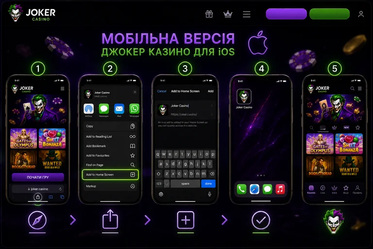 Додавання мобільної версії Joker Casino на екран «Додому» в Safari на iPhone крок за кроком